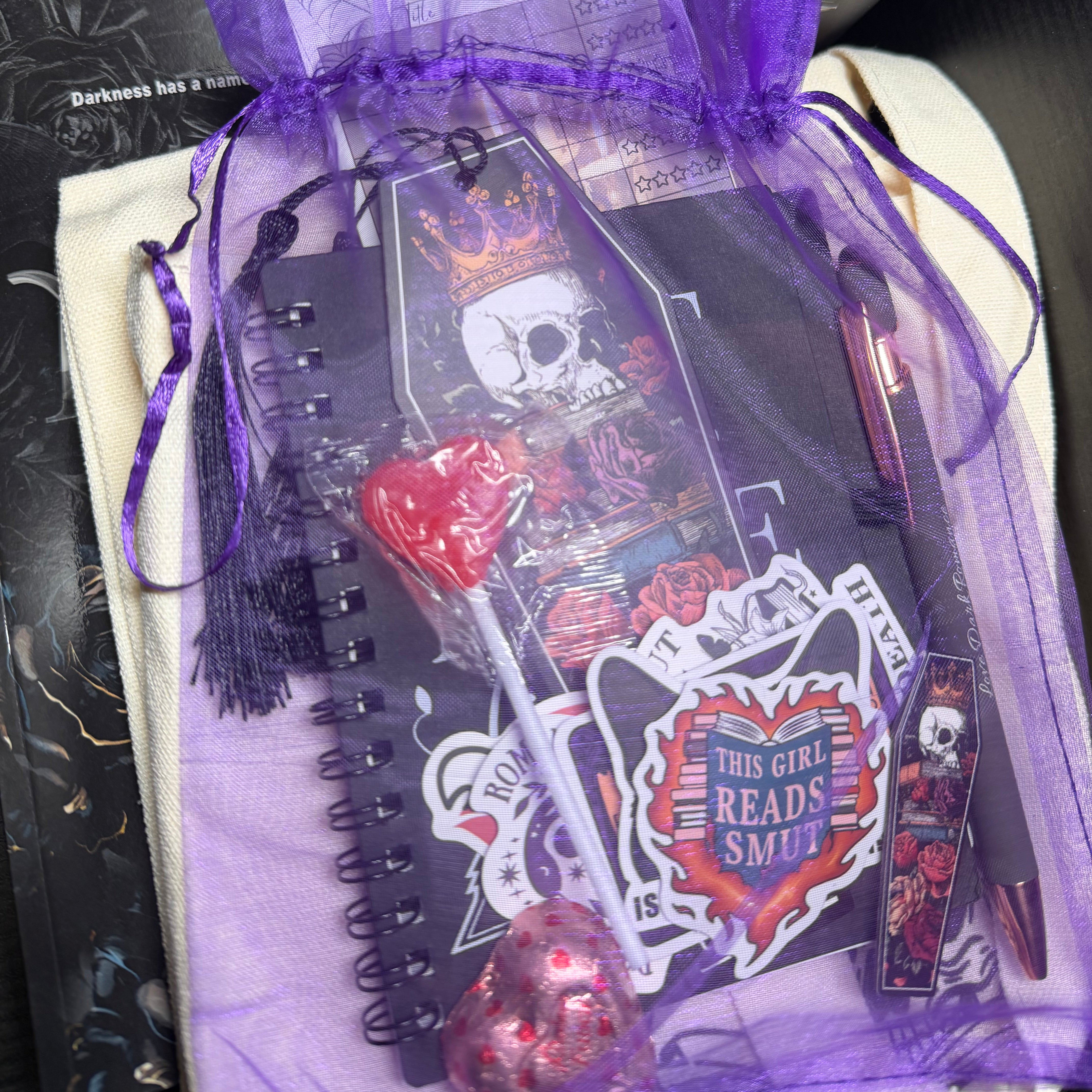 Luxury dark romance gift basket - spa, books, toy, gift wrap