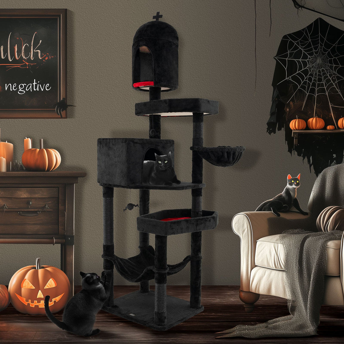 Gothic Cat Tree with 2 Cat Condos and Coffin Bed for Indoor Cats-Black